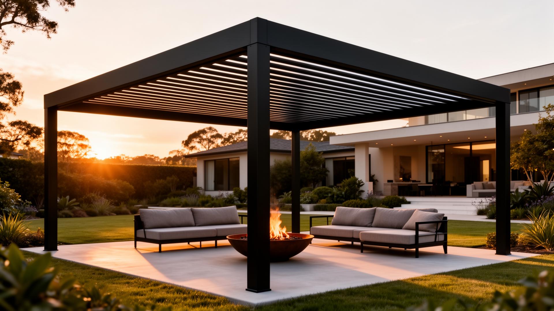 Modern backyard pergola at golden hour
